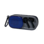 Diseños versátiles y adaptables en productos promocionales para distintos sectores, bocina con audífonos ride azul
