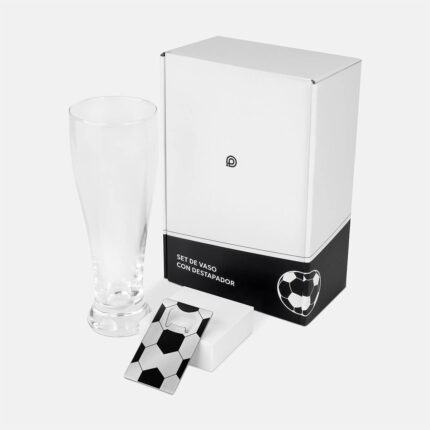 Artículos promocionales preparados para personalización inmediata, set de vaso y destapador soccer