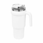 Merchandising empresarial con terminados y colores institucionales, termo numa blanco