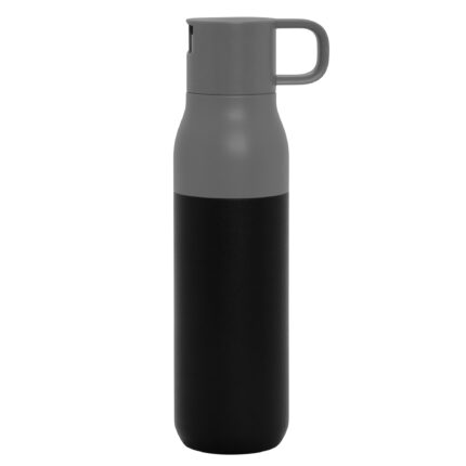 Productos promocionales que facilitan la el regalo ideal para tus eventos, botella térmica con dos tapas "rolling top" gris + negro