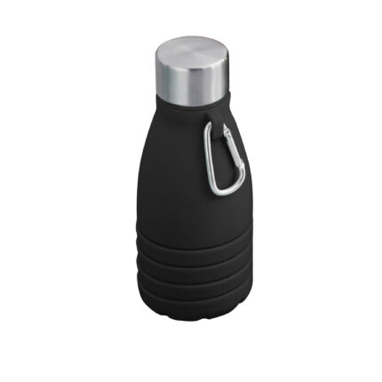 Artículos publicitarios diseñados para acompañar materiales impresos o digitales, botella plegable "kalap" negro